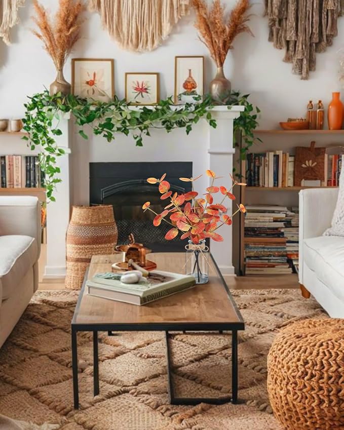 Fall Artificial Eucalyptus Stems in Glass Vase with Faux Water 14" Autumn Eucalyptus Branches Fall Home Table Decor Fake Fall Plants Stems for Farmhouse Kitchen Bathroom Decorations