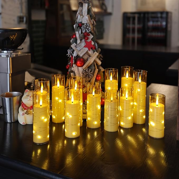 Da by Flameless Candles with Recessed String Light, Battery Operated Candles, Acrylic LED Pillar Candles with Remote Control and Timer, Golden, Set of 12