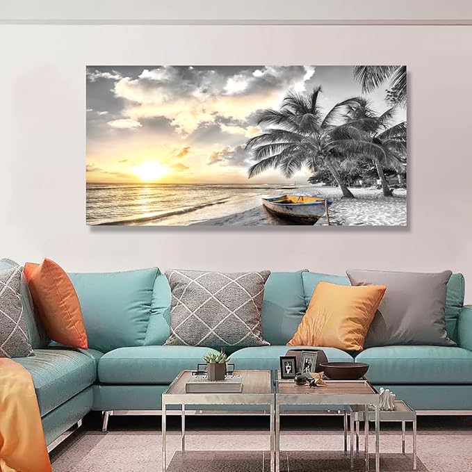 Black and White Beach Pictures Canvas Wall Art for Living room Bedroom Wall Decor,Seascape Wall Art Print Paitnings for home Decor,Morden Artwork Sunset Canvas Art Waterproof Stretched Ready to