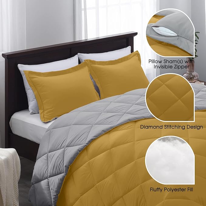 Basic Beyond King Size Comforter Set - Reversible King Bed Comforter Set for All Seasons, Ochre/Grey, 1 Comforter (104"x92") and 2 Pillow Shams (20"x36"+2")