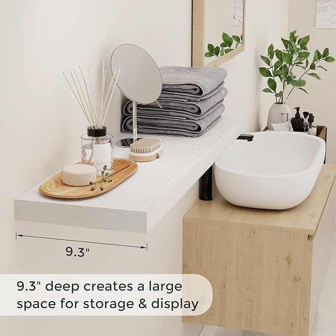 Fun Memories 36 Inch Floating Shelves White, 9.3 Deep Floating Shelf for Wall, Rustic White Wall Shelves 36x9.3x1.5 - Set of 2, Large Deep Shelf for Kitchen, Living Room Storage