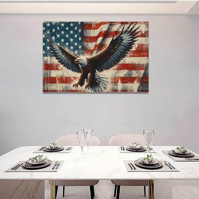 Large Bald Eagle Wall Art American Flag and Eagle Pictures Wall Decor Patriotic Motivational Bedroom Sign Canvas Painting Prints Modern Home Decoration Artworks Framed for Living Room Office 24"x16"