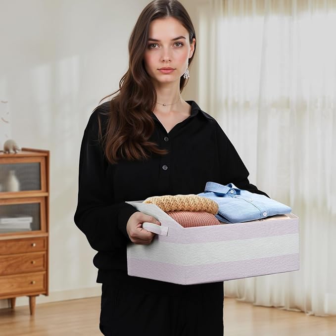 Linen Closet Organizers and Storage, Trapezoid Fabric Bins, Home Office Organization Baskets Striped Collapsible Box with Handles for Clothes, Blanket, Books, DVD, 4 Pack, Light Pink/White