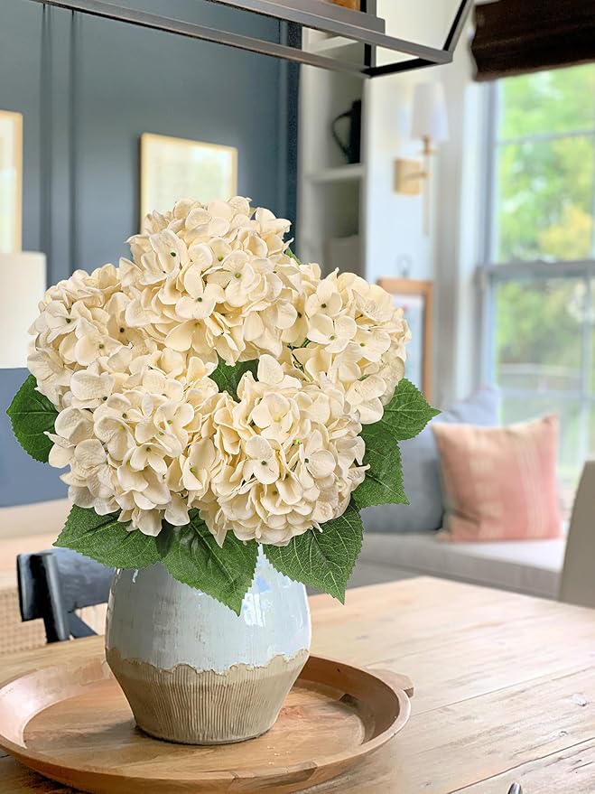 Beige Hydrangea Artificial Flowers Large Artificial Hydrangeas Silk Flowers for Home Decor Indoor Wedding Flowers Bouquets Faux Flowers Kitchen Centerpiece Table Decorations