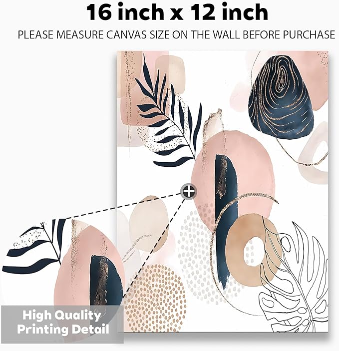 Boho Wall Art Prints, Boho Wall Decor, Abstract Pink and Navy Blue Botanical Design Minimalist Art, Natural Framed Canvas Prints Artwork For Living Room Bathroom Bedroom Wall Decor 12"x16"