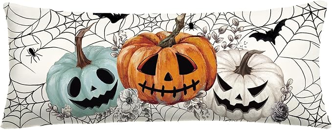 Baccessor Halloween Pillow Cover 14x36 Inch, Pumpkins Bats Spider Web Long Pillow Case Halloween Decor for Cushion Sofa Couch Indoor Outdoor Decoration 1 Piece