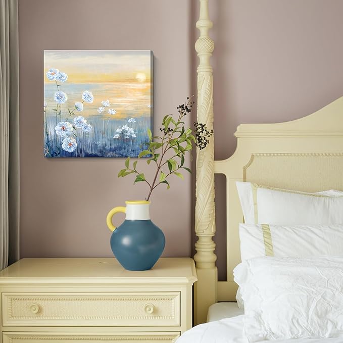 Bathroom Decor Wall Art Blue Ocean Sunset Seascape Painting Seaside Wildflowers Picture Abstract Coastal Canvas Print Natural Scenery Sunrise With Yellow Orange Sky Landscape Framed Artwork 14x14inch