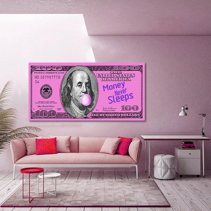 Large Size 1 Big Panel Motivational Money Art Print Dollars Canvas Office Wall Decor Funny Franklin 100 Dollar Money Wall Money Never Sleeps Artwork Pink Money Pop Art Framed Easy to Hang-48 inch x 24 inch
