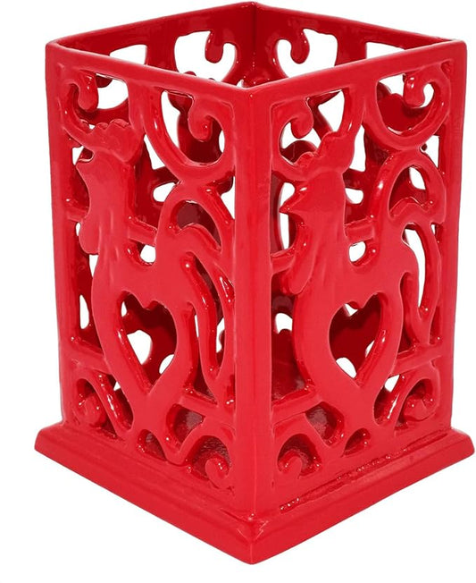 Vintage Utensil Holder for Countertop, Robust Sturdy Cast Iron Utensil Holder for Kitchen Counter Cooking Tools Crock Spoon and Spatula Holder Organizer, Red