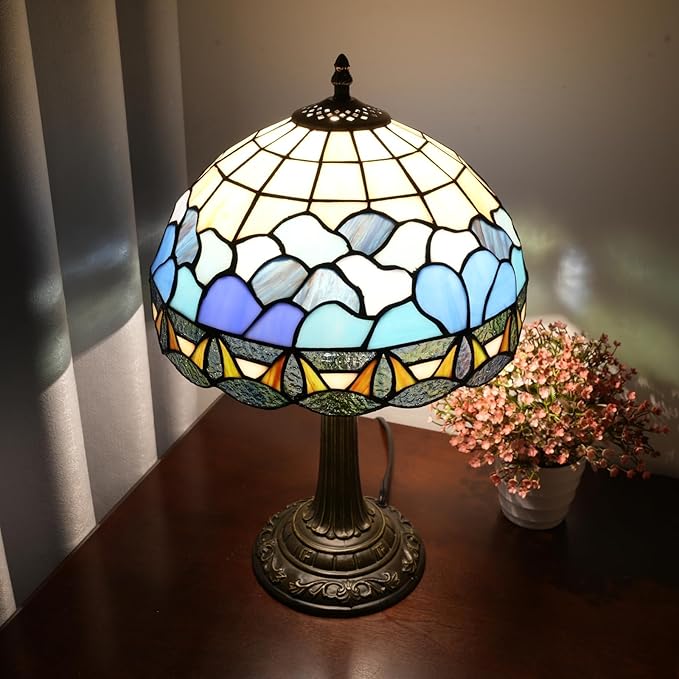 Tiffany Lamp 12 Inch Stained Glass Lamp Blue And White Sea Wave Tiffany Style Vintage Reading Bedside Lamp Can Be Used For Bedroom Dormitory Living Room Warm Atmosphere Retro Home Decoration Gifts
