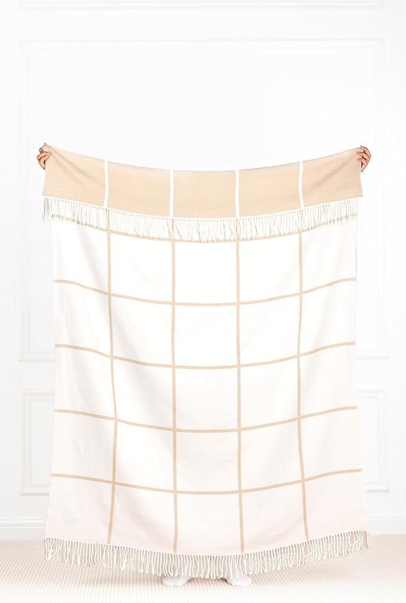 Hofdeco Premium Coastal Decorative Throw Blanket for Patio Couch Sofa, Neutral Tan Plaid with Fringe, 52"x71"