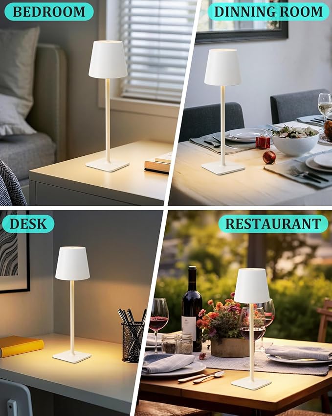 Cordless Table Lamp Rechargeable Lamps: 6000mAh Battery Operated Table Lamp Outdoor Waterproof, Touch Control, Portable Wireless Desk Lamp for Dinner/Bedroom/Restaurant （White2 Pack