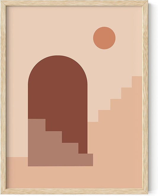 HAUS AND HUES Boho Art Prints Minimalist Decor - Boho Wall Art Mid Century Modern Decor, Minimalist Wall Art, Modern Art Wall Prints, Sun and Two Staircases (Beige Framed, 12x16)