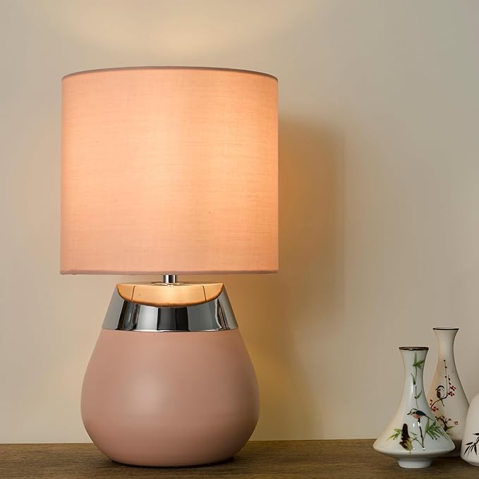 Small Modern Touch Eye Protection Bedside Table Lamp, 7 x 7 x 12 Inch Pink Metal Base Table Lamp for Bedrooms and Office (Pink Fabric Lampshade)