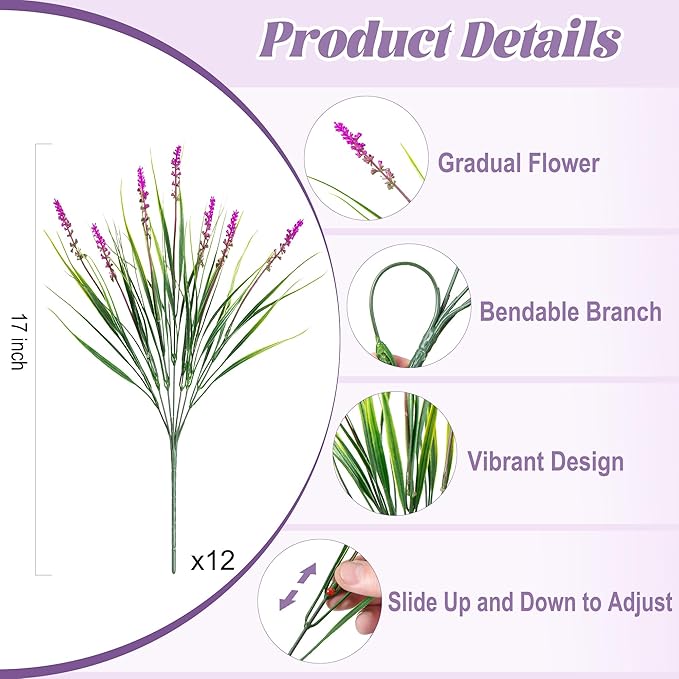 Artificial Flowers Faux Plants for Outdoor Decoration, 12 Bundles Fake Monkey Grass for Home Garden Front Porch Balcony, Lavender Flowers Shrubs UV Resistant No Fade Greenery Bush Planter (Lotus)