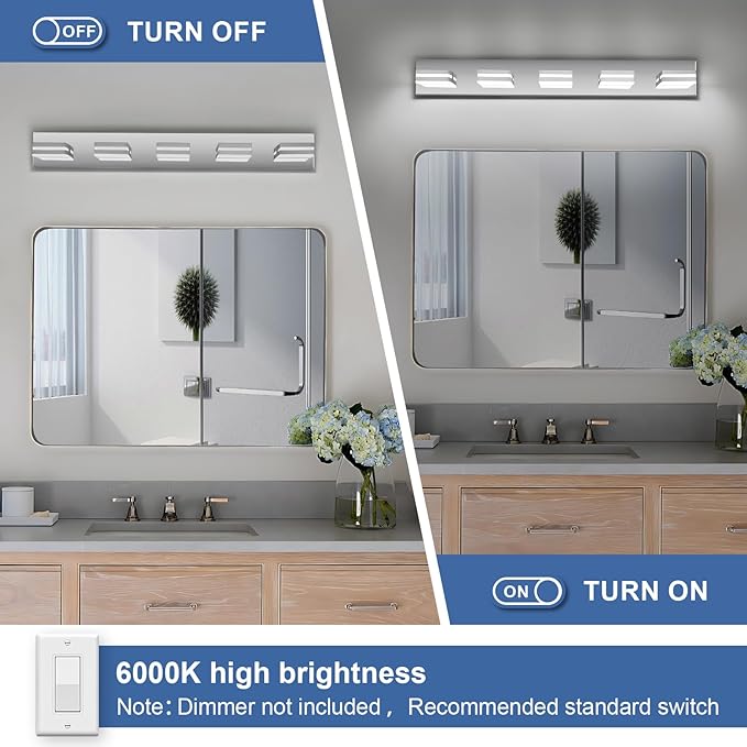 Modern LED Bathroom Lights Fixtures(5-Light),Metal Chrome Acrylic Wall Lighting,Vanity Lights for Bathroom Over Mirror(6000k 34In)