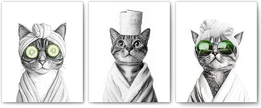 FITIE Funny Cat Bathroom Wall Art Prints Set of 3, Black and White Funny Cat Wall Art Posters for Bathroom Washroom Restroom Decor, 8x10 Unframed
