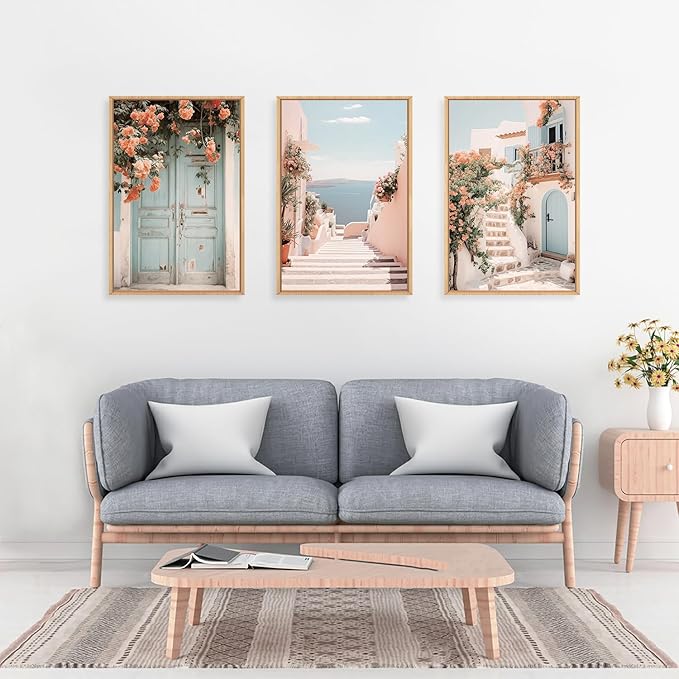 KAIRNE Italian Mediterranean Coastal Framed Canvas Wall Art, Pink Blue & White Seascape Painting for Beach House Decor, Luxury Italian Seaside Landscape for Living Room, Bedroom, Office - 24x36 Inch