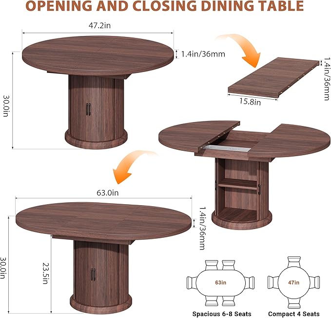 Dining Table for 4-6,63“Extendable Round Kitchen Dining Room Table with 2-Tier Storage Shelf, Space Saving Expandable Wood Oval Circle Dinner Furniture with Pedestal Base (Brown)
