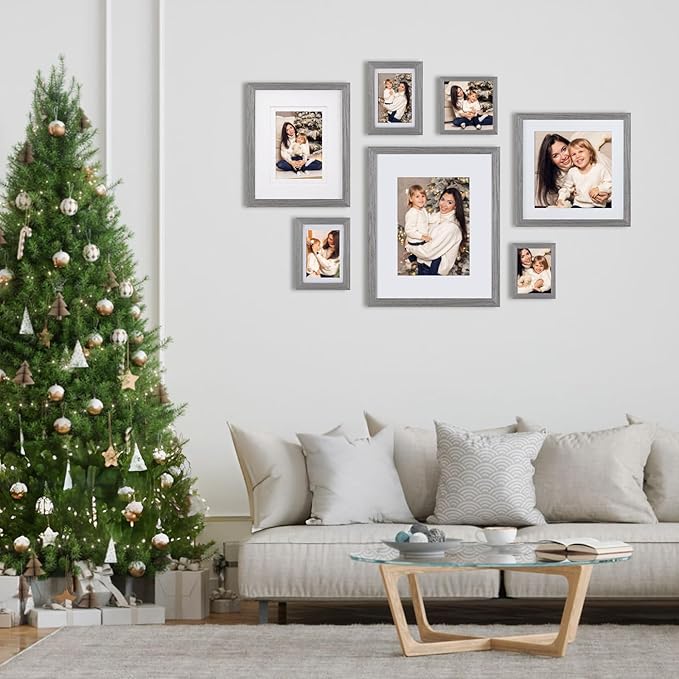 Egofine 12x16 Picture Frames Set of 4, Made of Solid Wood Covered by Plexiglass 9x12 and 11x14 with Mat or 12x16 without Mat, for Wall Mounting Photo Frame Light Grey