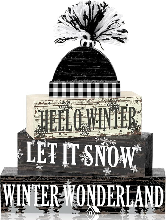 Geelin 4 Pcs Hello Winter Wooden Farmhouse Decor Let It Snow Wooden Centerpiece for Tiered Trays Rustic Kitchen Shelf Table Decor Winter Wonderland Party Home Decoration