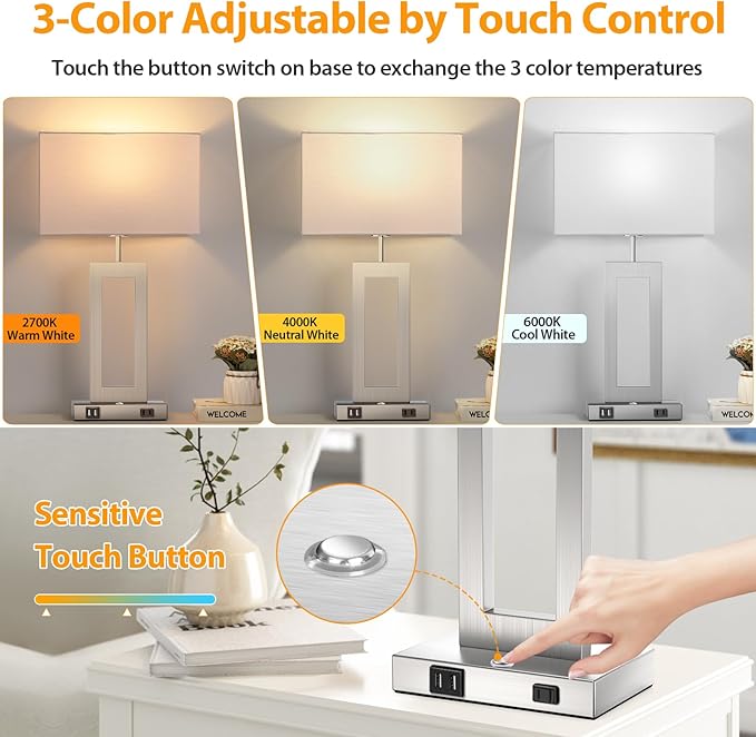 22’’ Touch Control Table Lamps Set of 2, 3 Color Temperatures Bedroom Bedside Lamps, Modern Silver Dimmable Lamps with USB Ports & AC Outlet, Tall Living Room Lamps for Nightstand End Table, 2 Bulbs