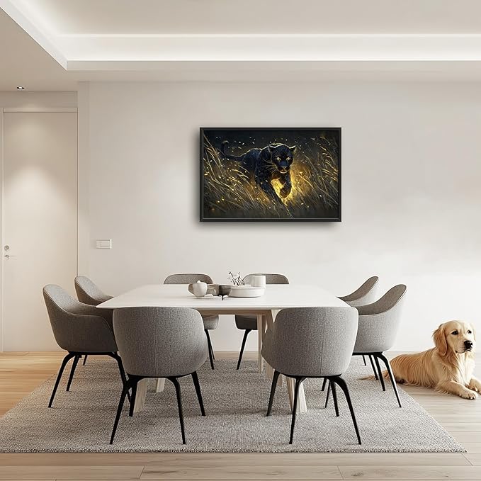 Flintis Large Black Leopard Framed Wall Art Leopard Pictures Wall Decor Abstract Animal Portrait Canvas Painting Print Artworks Decor Framed for Living Room Bathroom Master Bedroom Office 36L X 24W