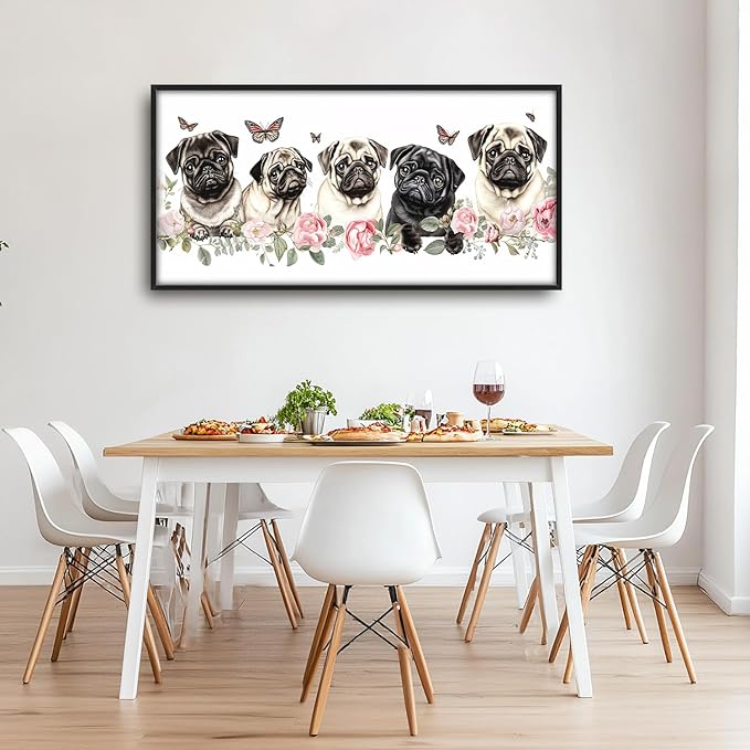 Flintis Large Pug Wall Art Dog Butterfly Pictures Wall Decor Abstract Animal Canvas Painting Print Artwork Decoration Framed for Living Room Bathroom Master Bedroom Office Dining Room 60L x 30W