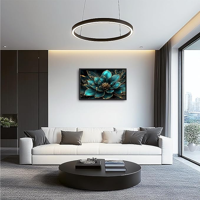 Framed Large Wall Art for Living Room, Teal Flower Canvas Wall Decor, Large Picture Framed Painting, Modern Artwork for Bedroom Office Home Decor 36L'' × 24W''