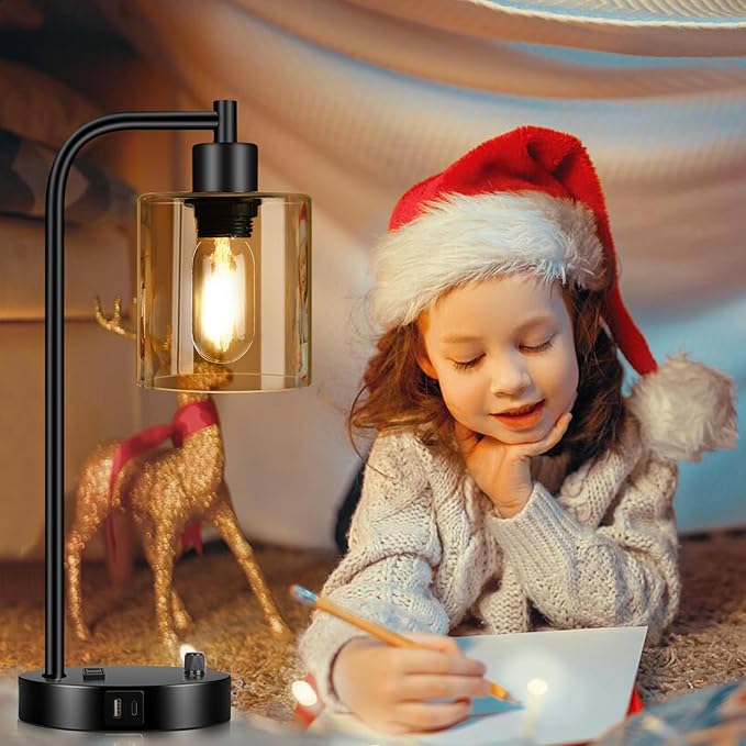 Lynnoland Set of 2 Industrial Table Lamps with 2 USB Port, Black Nightstand Desk Lamps with Amber Glass Shade for Reading Living Room Office 2 LED Bulb