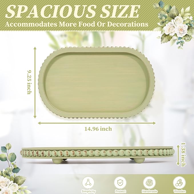 HPC Decor 15in Oval Tray for Home Decor - Green Wood Beaded Tray - Decorative Serving Tray,Rustic Farmhouse Wooden Trays for Vintage Centerpiece,Kitchen Counter,Living Room Decor,Coffee Table Decor.