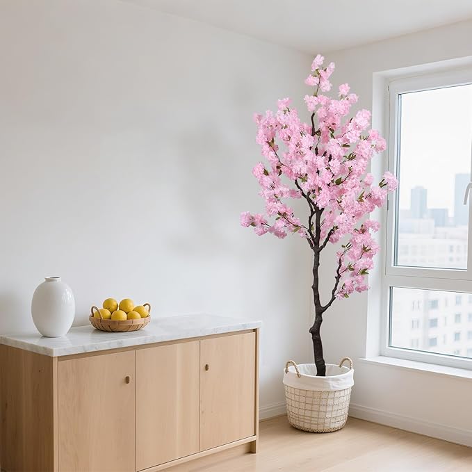 Artificial Pink Cherry Blossom Tree 7ft(83in) Tall Fake Silk Leaves Indoor Decor Handmade Lifelike Sakura Tree for Wedding Realistic Cherry Plant in Pot for Home Living Room,Office,Outdoor Decor