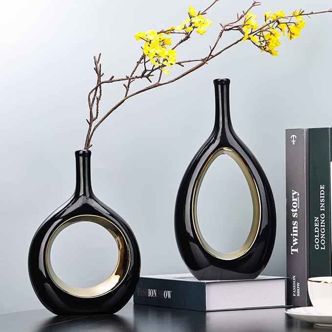 Black and Gold Vase Ceramic Black Vases Home Decor,Modern Minimalist Circle with Hole Decorative Vase, Hollow Ellipse Flower vases for Bookshelf, Fireplace Mantle, Centerpieces,Farmhouse,Rustic Décor