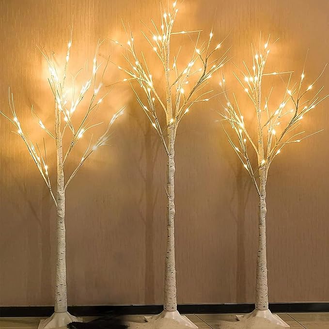 6FT, 5FT and 4FT, Set of 3 Lighted Birch Tree, Higher Size & Timer Function, Birch Christmas Tree with 144 LED Warm White Lights for Indoor Christmas Decorations Outdoor Yard Garden Home Bedroom Party