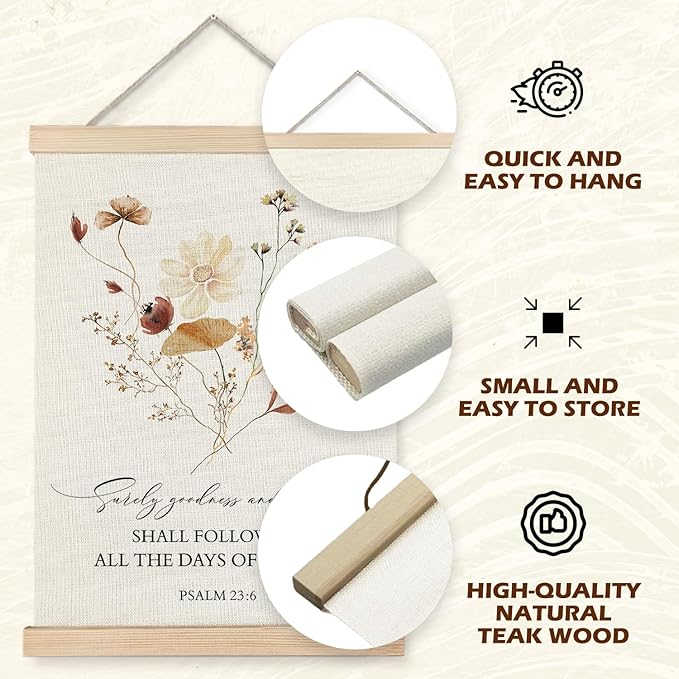 Supwhd Boho Floral Christian Wall Art with Wooden Poster Hanger, Goodness and Mercy Shall Follow Me Posters Wall Art Decor, Christian Wall Decor for Home Room, 12x16