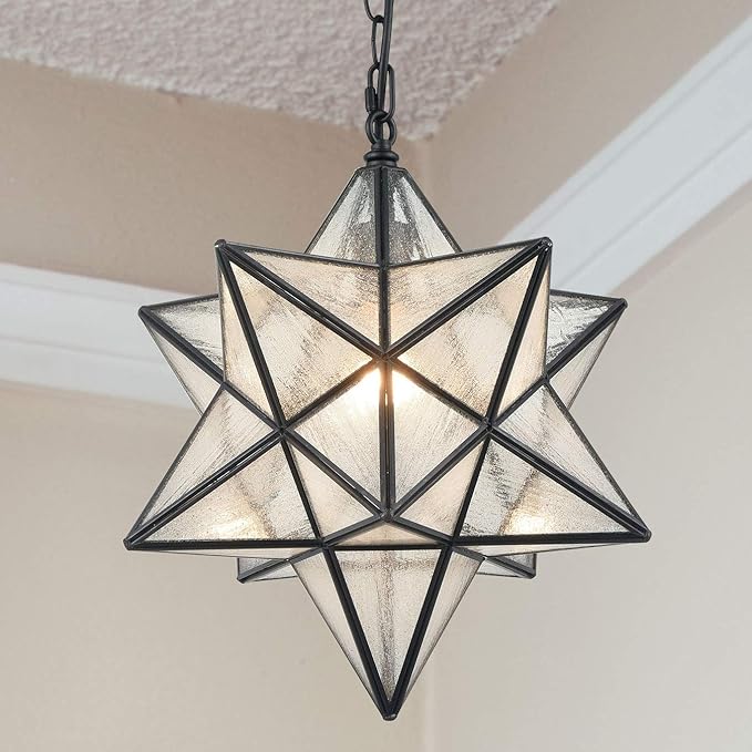 Modern Moravian Star Pendant Light Seeded Large Glass Hanging Lights with Adjustable Chain, 16'' Diameter Shade Lighting for Kitchen Porch Dining Foyer Bedroom