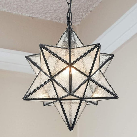 Modern Moravian Star Pendant Light Seeded Large Glass Hanging Lights with Adjustable Chain, 16'' Diameter Shade Lighting for Kitchen Porch Dining Foyer Bedroom