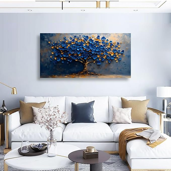 Abstract Tree Canvas Wall Art Bedroom Wall Decor Living Room,Tree of Life Wall Art Office Kitchen Paintings Artwork Modern Blue Yellow Leaves Pictures Art Prints Waterproof Ready to Hang-20x40inch