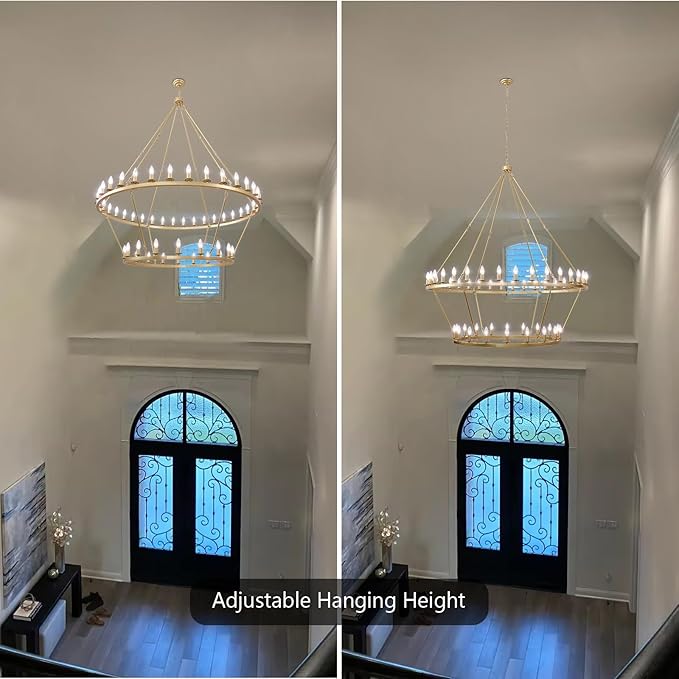 60 Inch Gold Wagon Wheel Chandelier, 2 Tier 54-Lights Large Farmhouse Chandeliers for High Ceilings, Extra Large Industrial Brushed Gold Pendant Lights for Foyer Hallway Dining Room Living Room