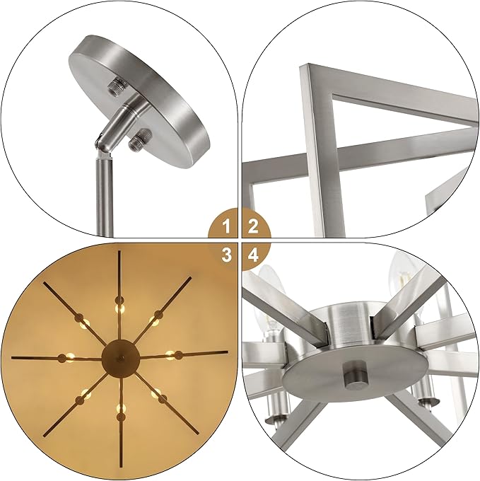 8-Light Modern Farmhouse Brushed Nickel Chandeliers for Dining Room, Large Industrial Kitchen Table Chandelier, Metal Geometric Hanging Light Fixture for Living Room Entryway Foyer Stairway