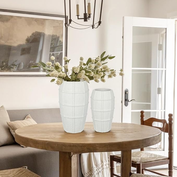 Briful Rustic Terracotta Flower Vase for Home Decor 12" White Farmhouse Textured Barrel-Style Ceramic Vase Vintage Handcrafted Gridded Design for Faux & Dried Flowers Living Room Table Centerpiece