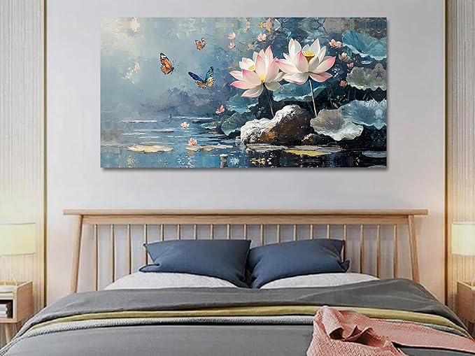 Ardemy Lotus Large Wall Art for Living Room Butterfly Canvas Art Wall Decor Textured Pictures Artwork Bedroom Kitchen Dining Home Office, 58"x29"