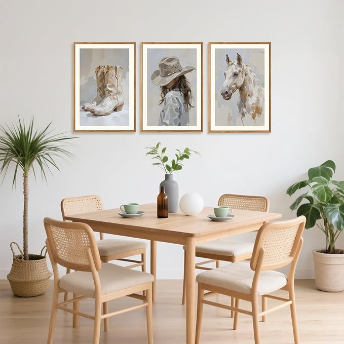 CHDITB Western Cowgirl Framed Canvas Wall Art Set, Farmhouse Wall Decor, Highland Horse Boots Artwork Painting,Vintage Country Hat Art Prints for Living Room Girls Dorm Bedroom Apartment-16 x24 x3