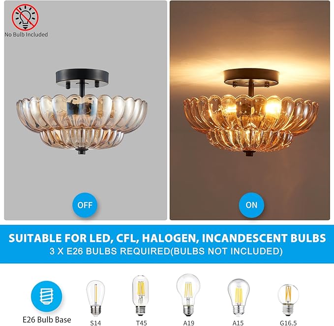 XINGQI Modern Ceiling 3-Light Amber Glass Semi Flush Mount Ceiling Light Fixture Small Close to Chandelier for Living Room Dining Room Bedroom Entryway Hallway