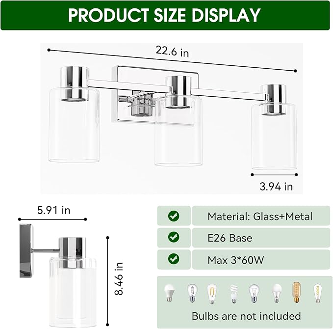 3-Light Modern Vanity Light Fixtures Over Mirror, Polished Chrome Bathroom Light Fixtures, Vanity Lights, Wall Sconce with Clear Glass Shade for Bathroom, E26 Base