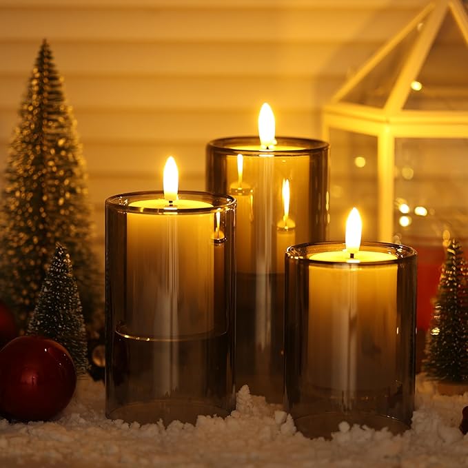 NURADA Flameless Candles with Remote Timer - Glass Real Wax 3D Wick LED Pillar Votive Candle Set Battery Operated Flickering Light for Home Christmas Decoration -Grey 3 Pack