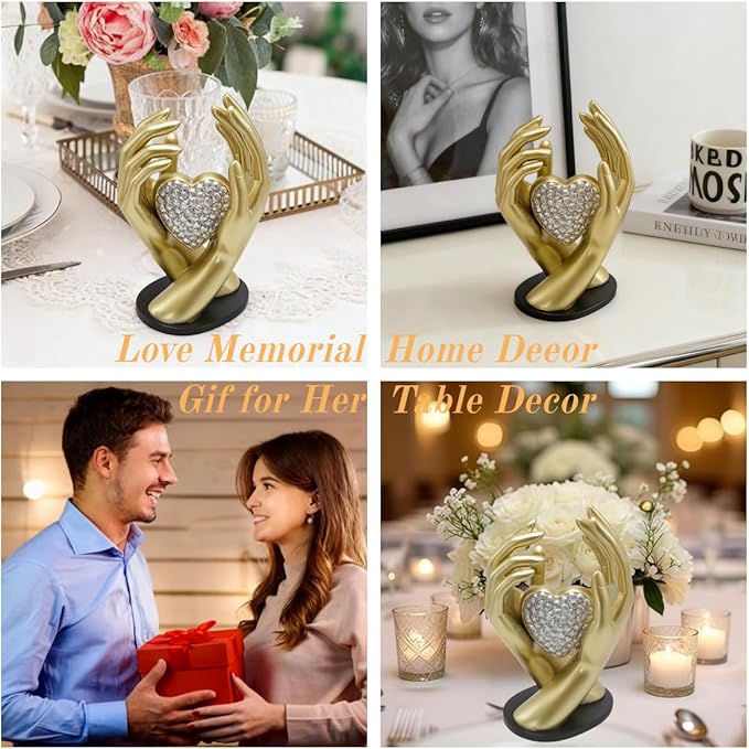Gold Heart Hands Sculpture Modern Aesthetic Decoration Accents Figurines Home Decor Gold Love Heart Statue Decor for Living Room Bedroom Shelf Office Table Women Girl Wedding Anniversary Couple Gift