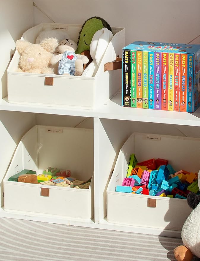 StorageWorks Closet Storage Bins, Trapezoid Organizer Box for Shelves, Fabric Clothes Bin, Foldable Organizing Baskets with Handles, Small, Ivory White, 3-Pack