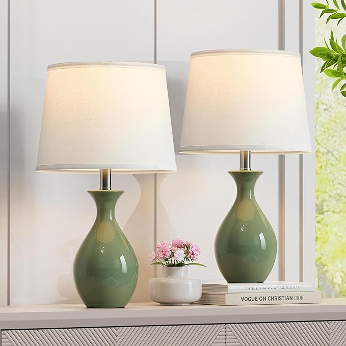 PARTPHONER Table Lamp Set of 2, Modern Ceramic Bedside Lamps for Night Stands, Classic Small Lamp Nightstand Lamp for Bedroom Living Room Desk End Table Rocker Swtich Sage Green
