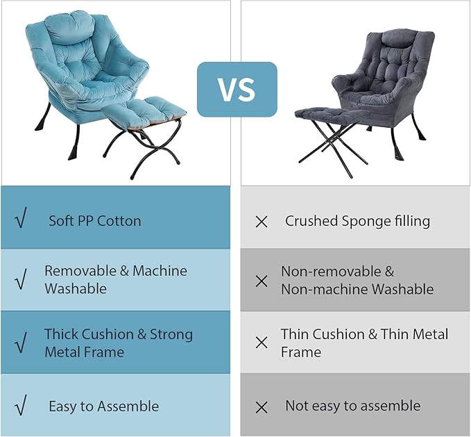 Lazy Chair with Ottoman, Modern Chair with Folding Footrest, Lounge Accent Chair, Comfortable Reading Chair (Velvet Light Blue